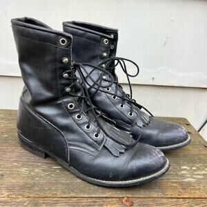 VTG 80s 90s Roy Cooper black lace up roper cowgirl western boots kilte fringe 8M